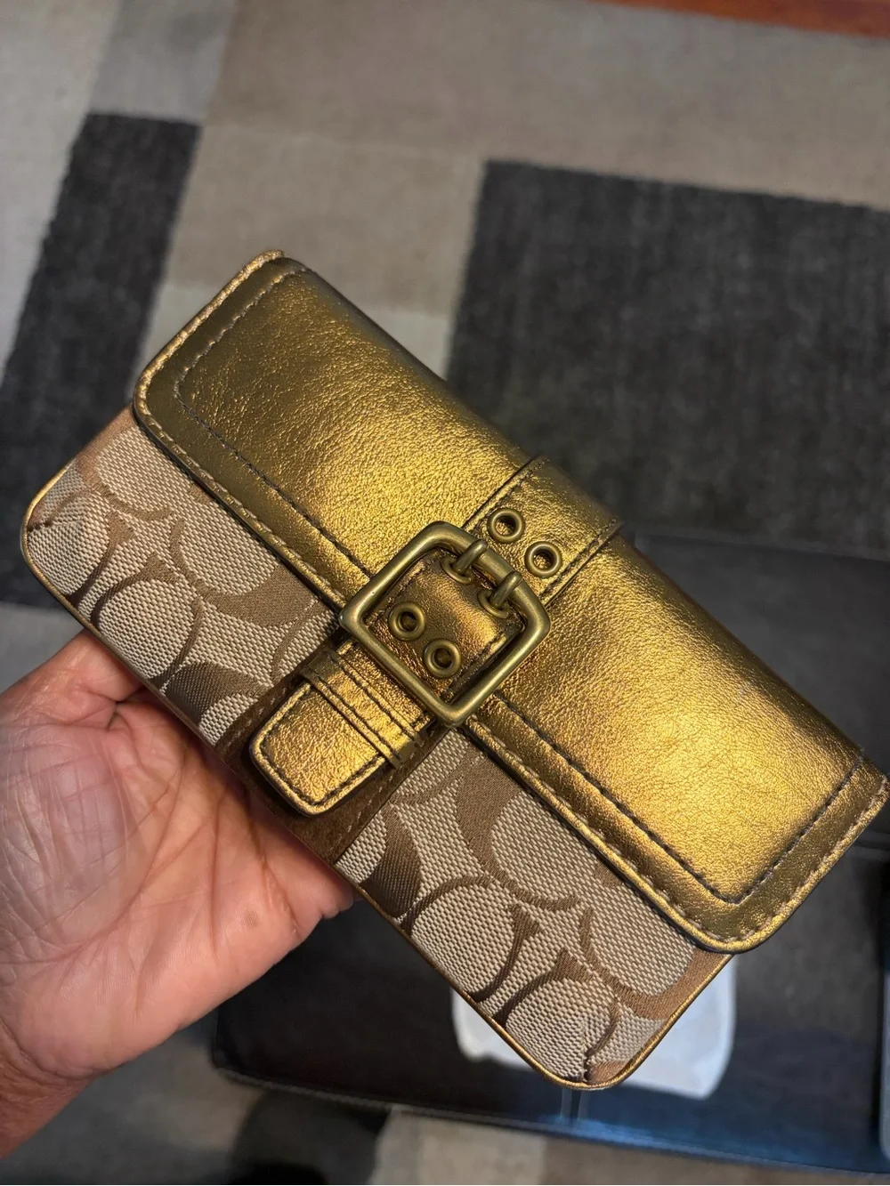 Coach Signature Buckle Metallic Bronze Leather Canvas Clutch Wallet